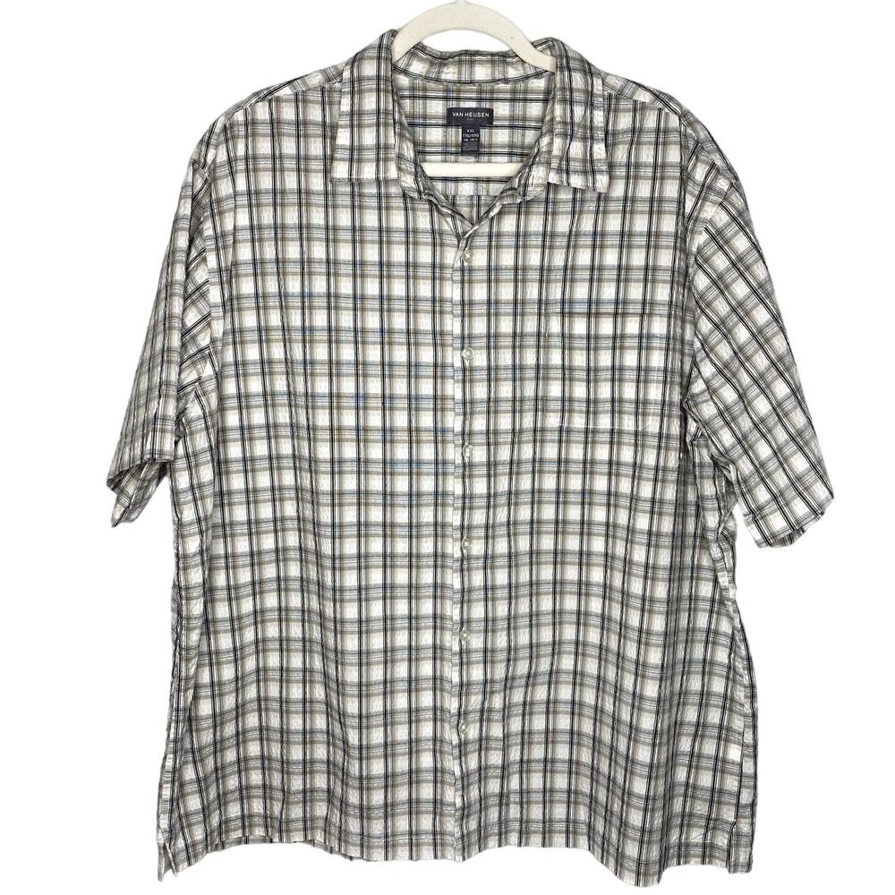 Van Heusen AIR Short Sleeve Plaid Crinkle Button Down Shirt XXL Men's 2XL Top